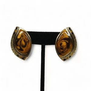 Vintage Berebi Earrings Pierced Gold Tone Brown Swirl Enamel Geometric Signed - Picture 1 of 6