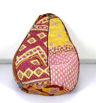 Puf redondo bohemio Kantha floral de algodón hecho a mano bolsa de frijoles gitanos silla de juego Foto 1 de 4