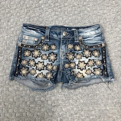 Miss Me Shorts Girls 14 Denim Embellished Floral Rhinestone Frayed Summer Casual - Image 1 of 4