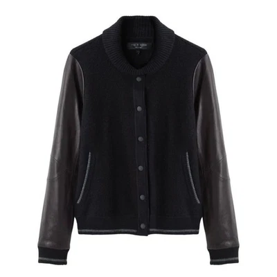 NEW Rag & Bone Reina Varsity Jacket Leather Wool Black Gray Size Medium - Image 1 of 4