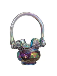 Vintage Fenton Handmade Iridescent Glass Basket With Handle Signed Dated '02 - Picture 1 of 10