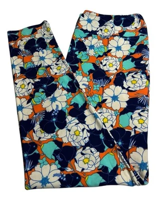 Leggings LuLaRoe TC2 Alto Curvilíneo 2 OTOÑO Otoño NARANJA Azul PEONÍA Retro Divertido Flor Foto 1 de 4