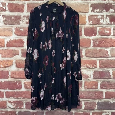 DKNY платье женщин 14 черный многоцветный цветочный Plisse высоты галстук шеи повседневный карьера - Изображение 1 из 4