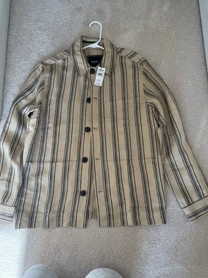 Todd Snyder Linen Stripe Chore Shirt Jacket Khaki Medium New Tags  - Image 1 of 4