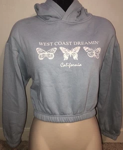 Blue Smocked Hem Graphic Print Crop Hoodie NWT Refuge Athletics Sz XS - Picture 1 of 6