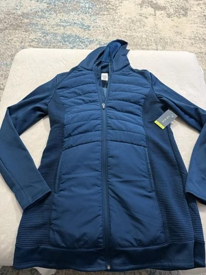 Jaqueta Tek Gear feminina azul lápis com capuz longa mídia mista tamanho grande NOVA EB1 - Imagem 1 de 4