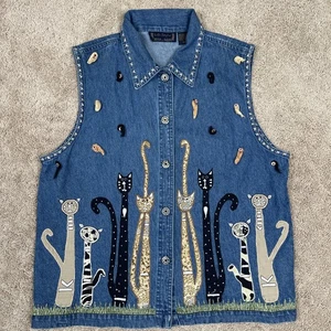 Life Style Weste Frau XL Denim Katze Dame bestickt Applikation Wacky Fun Funky Art - Bild 1 von 10