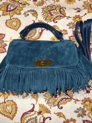 Teal Suede Boho Fringe Purse Made & Italy Handle / Crossbody - Image 1 of 4