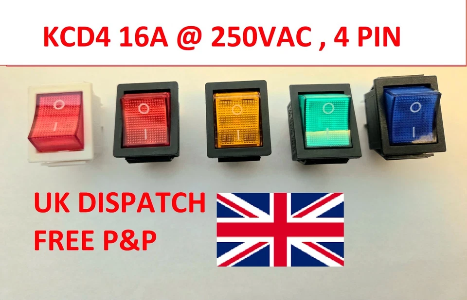 KCD4 2 Position Rectangular Rocker Switch 4 Pin 250V 16A ON OFF - Image 1 of 4