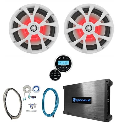 (2) Rockville RKL80MBW 8" 900w Marine LED Speakers+Receiver+Amplifier+Amp Kit - Image 1 of 4