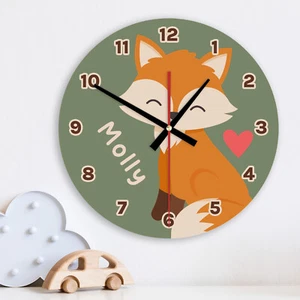 Personalised Wall Clock FOX Glass & Wooden Boys Girls Bedroom Nursery Decor - Picture 1 of 6