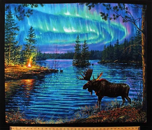 35" X 44" Panel Moose Northern Lights Northwoods Landscape Cotton Fabric D762.46 - Picture 1 of 1
