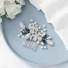  Flower Bride Wedding Hair Comb Blue Crystal Side Combs Pearl Rhinestone 