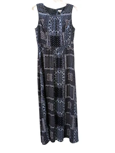 Talbots Dress 8 Maxi Navy Blue Patchwork Print Lined Bodice Sleeveless Back Zip - Bild 1 von 6
