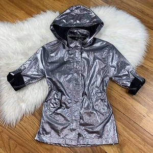 Joujou Girls Medium Shiny Silver Lightweight Zip Up Jacket with Zip Off Hood - Picture 1 of 11