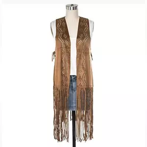 Faux Suede Brown Fringe Sleeveless Vest - Picture 1 of 2