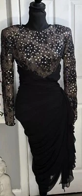 Vestido De Colección Años 80 Tadashi Cortina Acanalada Negro Gasa Dinastía Diosa Glam Disco Talla 4 Foto 1 de 4