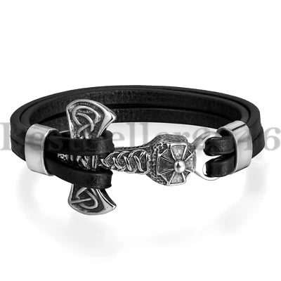 Bracelete masculino de aço inoxidável Thor Hammer Mjolnir couro preto punho surfista 8,66" - Imagem 1 de 4