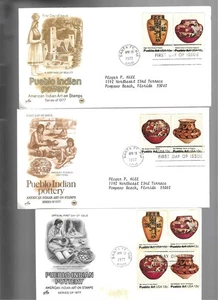 3 1977 Indian Pottery FDCs; Art Craft cch; 3 combos 2 & 4; Scott 1706-09 - Picture 1 of 2