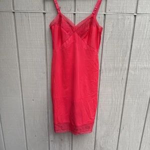 Vintage 34 Bust Red Full Slip Dress Lace Bust Floral Lace Trim Nylon Long - Picture 1 of 14