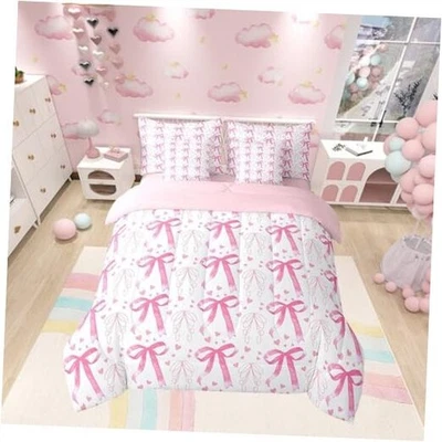  Juego de edredón 7 piezas con lazo rosa para niños tamaño, estampado de corazones con lazo rosa a todo color 03 Foto 1 de 4