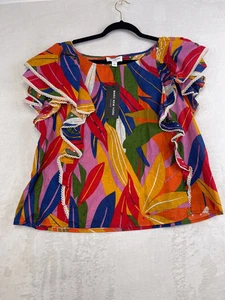 Marc New York Jeans Women's Ruffle Sleeve Top Size L Tropical Leaf Print Blouse - Picture 1 of 8