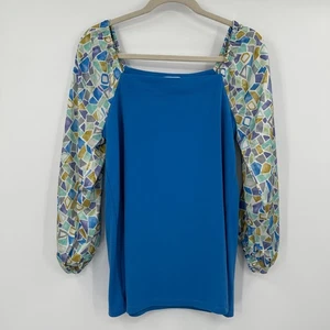 Susan Graver Blue Square Neck Geometric Sleeve Long Sleeve Tunic Top Women's M - Picture 1 of 9