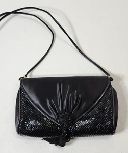 Vtg Whiting And Davis Metal Mesh Purse Handbag Evening Bag Black Gold Trim - Picture 1 of 11