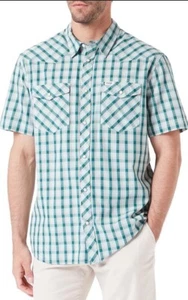 Wrangler Wrancher Country Mens Shirt Pearl Button Snap Western Green Medium - Picture 1 of 8