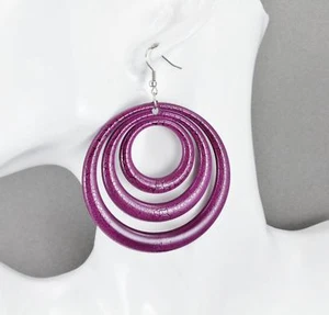 Purple Black earrings lightweight dangle round circle plastic disc 3.25" long - Picture 1 of 9