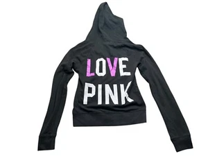 Victorias Secret Love Pink Size Small Full Zip Hoodie Sweatshirt Black Y2K - Picture 1 of 10