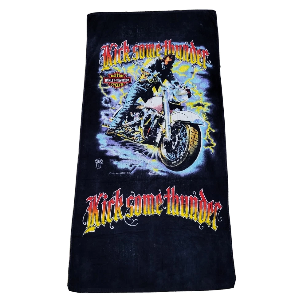 Vintage 1980s Harley Davidson Kick Some Thunder Beach Towel Motorcycle Bath Pool - Image 1 of 4