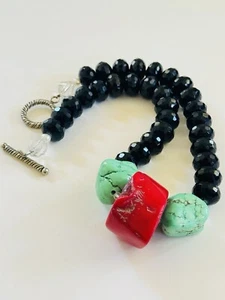 Gemstone Collar Necklace Natural Red Bamboo Coral Turquoise Onyx Beaded Faceted - Picture 1 of 7