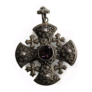 Vintage Sterlingsilber Jerusalem Amethyst Kreuzritter Kreuz Halskette Anhänger - Bild 1 von 6