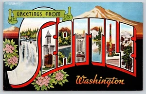 Postal Saludos desde Seattle Washington Carta Grande Lino 15141 Mt Baker - Imagen 1 de 2