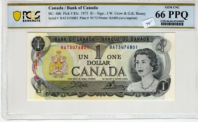 Canada 1973 1 Dollar PCGS Banknote Certified Gem UNC 66 PPQ BC-46b 85c BAT - Image 1 of 2