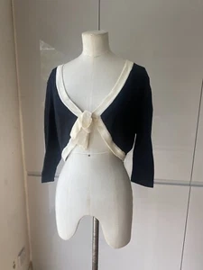 SIZE 16 MONSOON BLACK BOLERO KNIT CARDIGAN CROP TOP IVORY TIES 100% SILK LINING - Picture 1 of 9