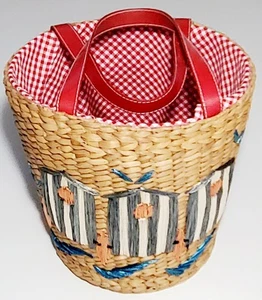 Vintage Beachy Boho Raffia Straw Woven Purse Tote Basket Red White Handles/Lined - Picture 1 of 23