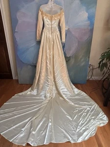 VTG 1940s 40s Miriam New York Liquid Satin&Lace Chapel Train Wedding Gown Dress - Picture 1 of 17