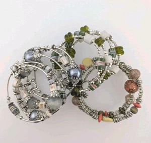 Three Beaded Wrap Bracelets Wire Cuff 1" To 2" Glass Ceramic Green Silver Orange - Picture 1 of 9
