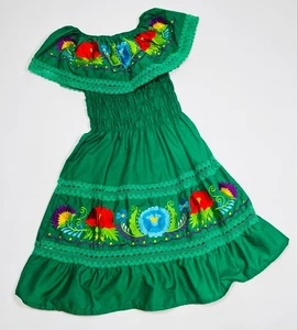 Womans Mexican Green Multicolor Embroidered Off-Shoulder Smocked Dress S Ethnic - Picture 1 of 4
