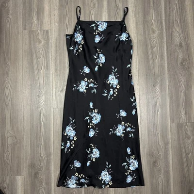 White House Black Market Black Satin Midi Slip Dress Blue Floral Size L - Image 1 of 4