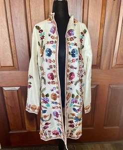 COLDWATER CREEK Ivory Silk Embroidered Floral Long Open Front Jacket Size Medium - Picture 1 of 11