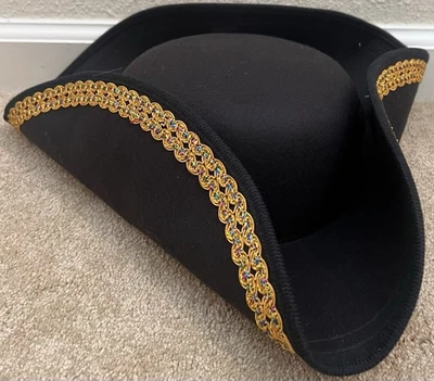 Black & Gold Tricorne Hat Colonial Pirate Costume Hat Adult Size Novelty - Image 1 of 4