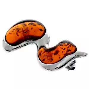 925 Sterling Silver & Genuine Baltic Amber 2 Stone Modern Brooch - AC805 - Picture 1 of 6
