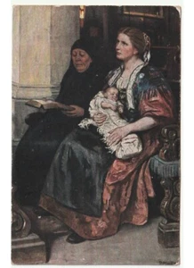 arte in cartolina - Paula Monje - donne nonna madre neonato chiesa - Photo 1 sur 2