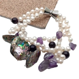 Female Jewelry 3 Rows Freshwater White Pearl Amethyst Abalone Shell Bracelet 8" - Picture 1 of 4
