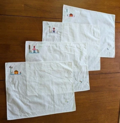 Vintage Hand Embroidered Napkins Set of 4 White 12.5"x16" Tropical Farmers House - Image 1 of 4