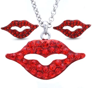 Valentine's Day Red Sexy Lips Necklace Pendant & Stud Post Earrings Set Charm g1 - Picture 1 of 3