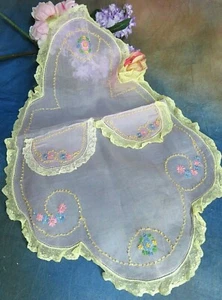 ANTIQUE Vintage ORGANDY Fabric EMBROIDERED apron LACE trim  DOLL clothes 25x18" - Picture 1 of 12